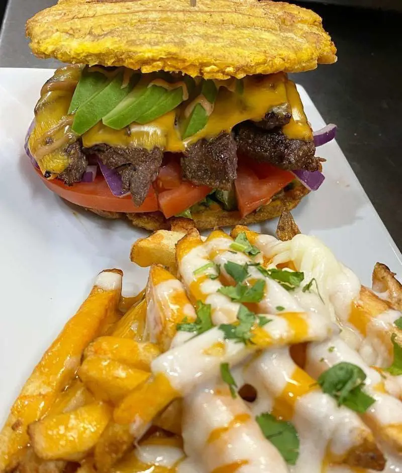Jibarito is a sandwich made with flattened, fried green plantains instead of bread